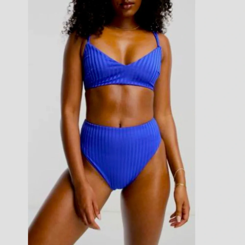 ASOS Blue High Waist Ribbed Texture Bikini NEW Size 10